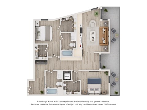A 3D floor plan of a house with a kitchen, living room, bedrooms and bathrooms.